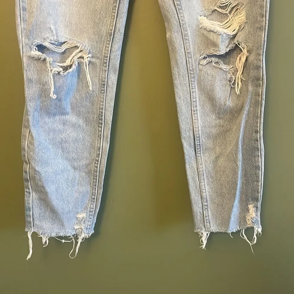 We The Free High Waisted Denim Jeans Rigid Raw Hem Button Fly Distressed Sz 24